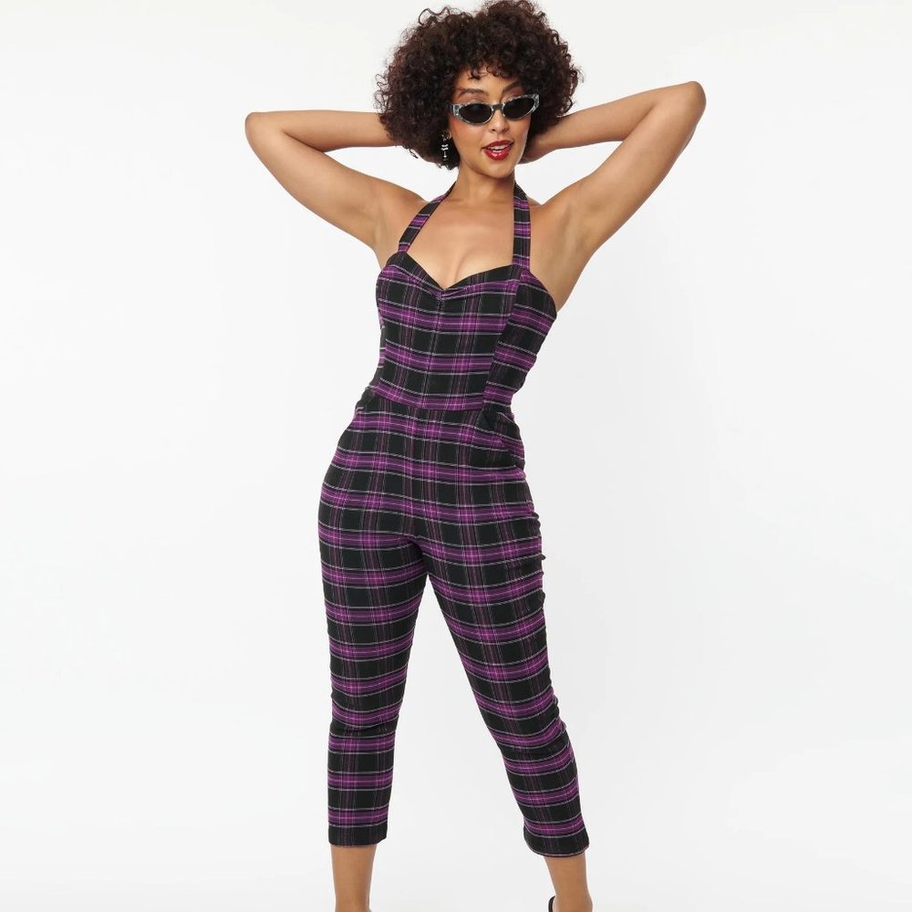 Purple Plaid Halter Jumpsuit sz XS